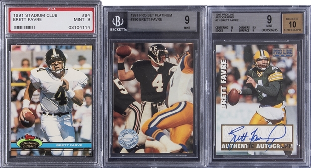 1991-1997 Topps, Pro Set and Score Board Brett Favre Graded High Grade Trio (3 Different) – Including Signed Card and Two Rookie Card Examples